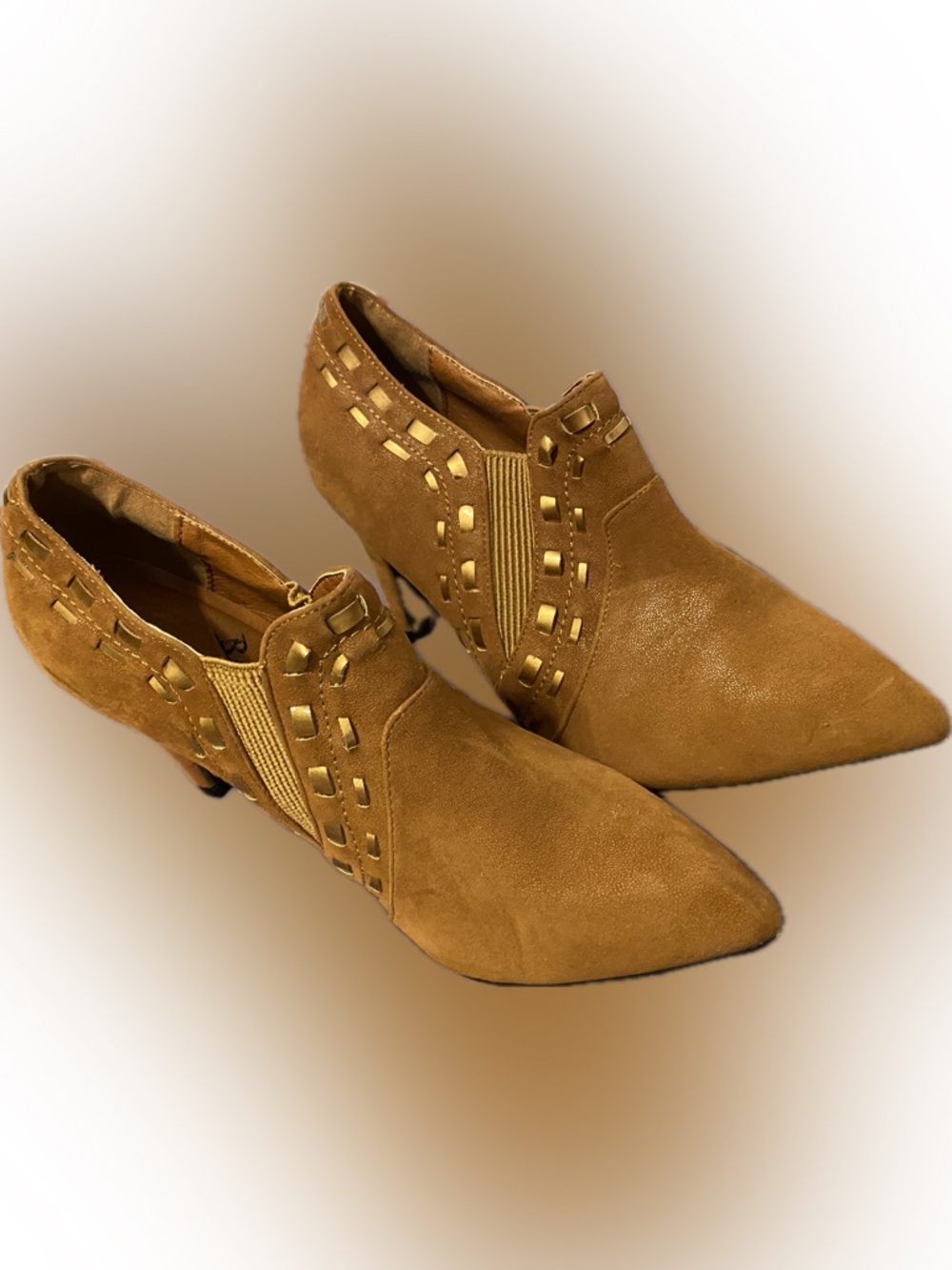 Pointed Suede Ankle Booties with Decorative Cutouts in Tan - Picture 7 of 16